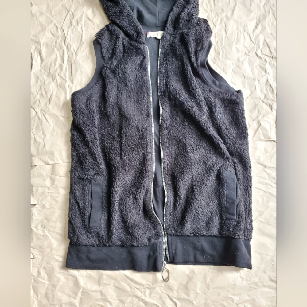 Black Faux Fur Vest Zipper Hoodie